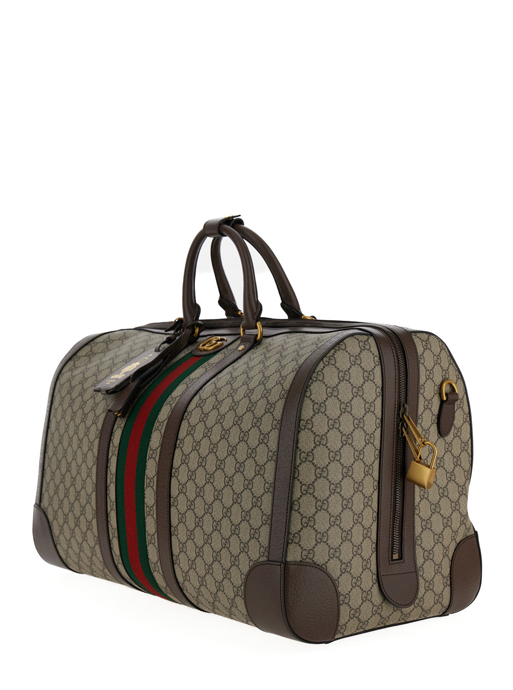 Gucci Men Travel Bag 'Gucci Savoy Grande' With Web Detail In Gg Canvas Beige And Ebony Men GUCCI