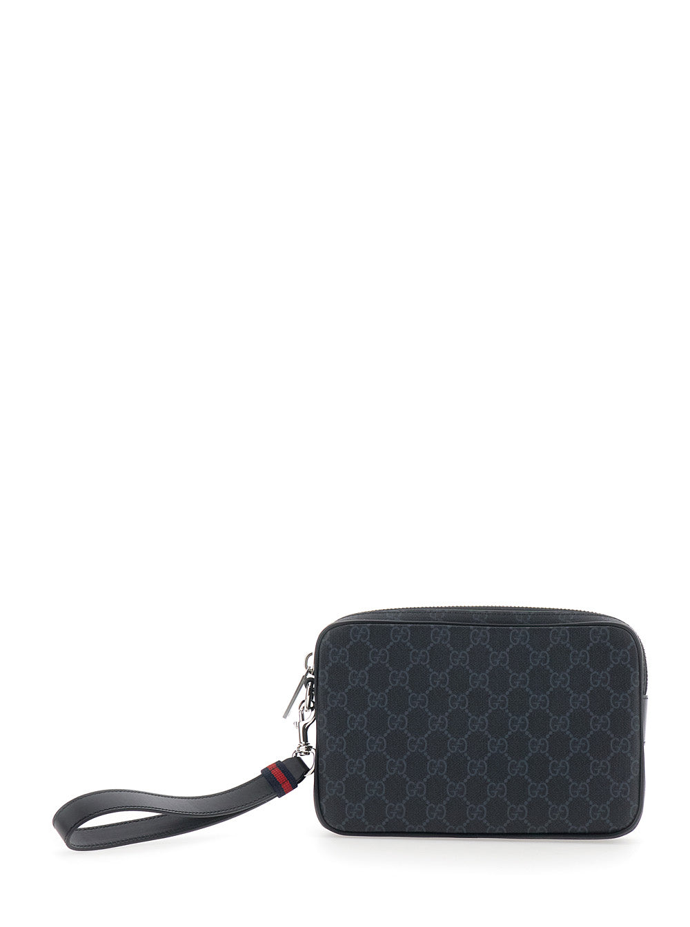 Gucci Men Pouch With Wrist Strap With Web Detail And Zip Closure In Gg Canvas Black Men GUCCI