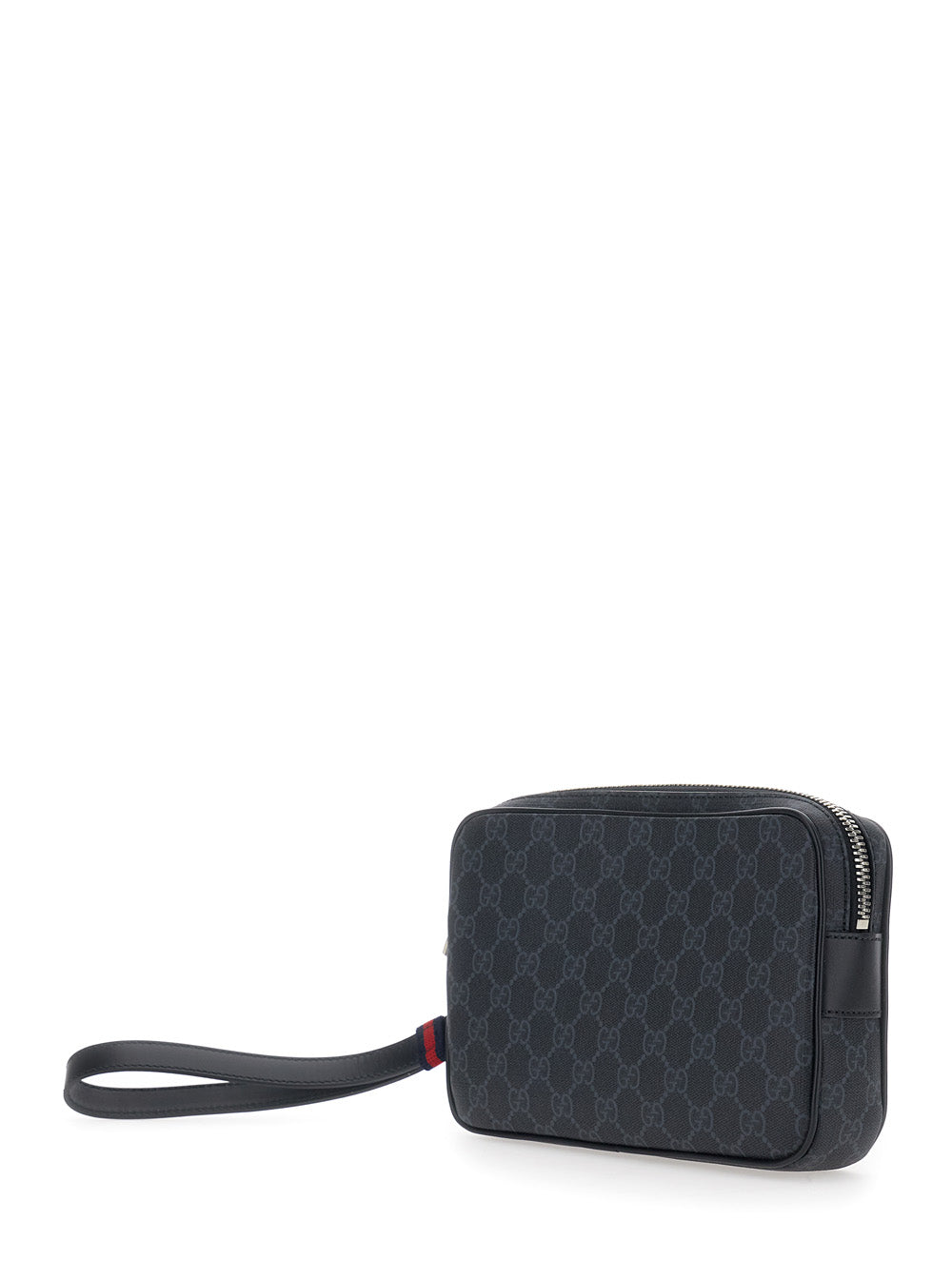 Gucci Men Pouch With Wrist Strap With Web Detail And Zip Closure In Gg Canvas Black Men GUCCI