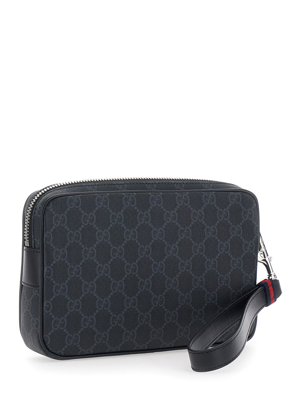 Gucci Men Pouch With Wrist Strap With Web Detail And Zip Closure In Gg Canvas Black Men GUCCI