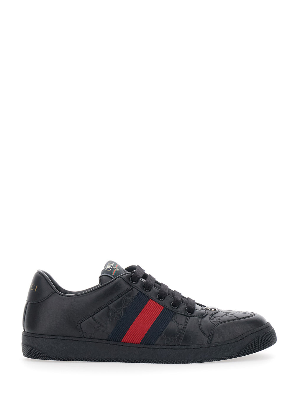 Gucci Men Sneaker 'Screener' Low Top With Web Detail On The Side And Gg Motif In Relief In Black Leather Men GUCCI