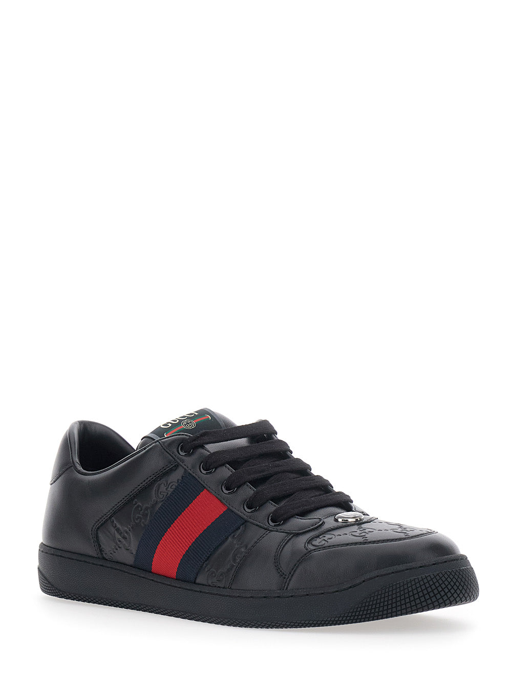 Gucci Men Sneaker 'Screener' Low Top With Web Detail On The Side And Gg Motif In Relief In Black Leather Men GUCCI