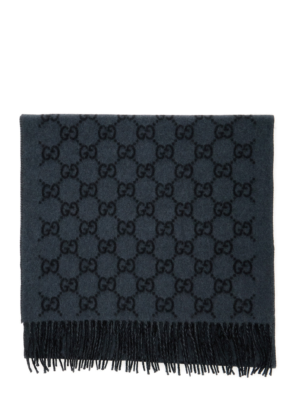 Gucci Men Fringed Edge Scarf With Gg Jacquard Motif In Gray Cashmere For Men GUCCI