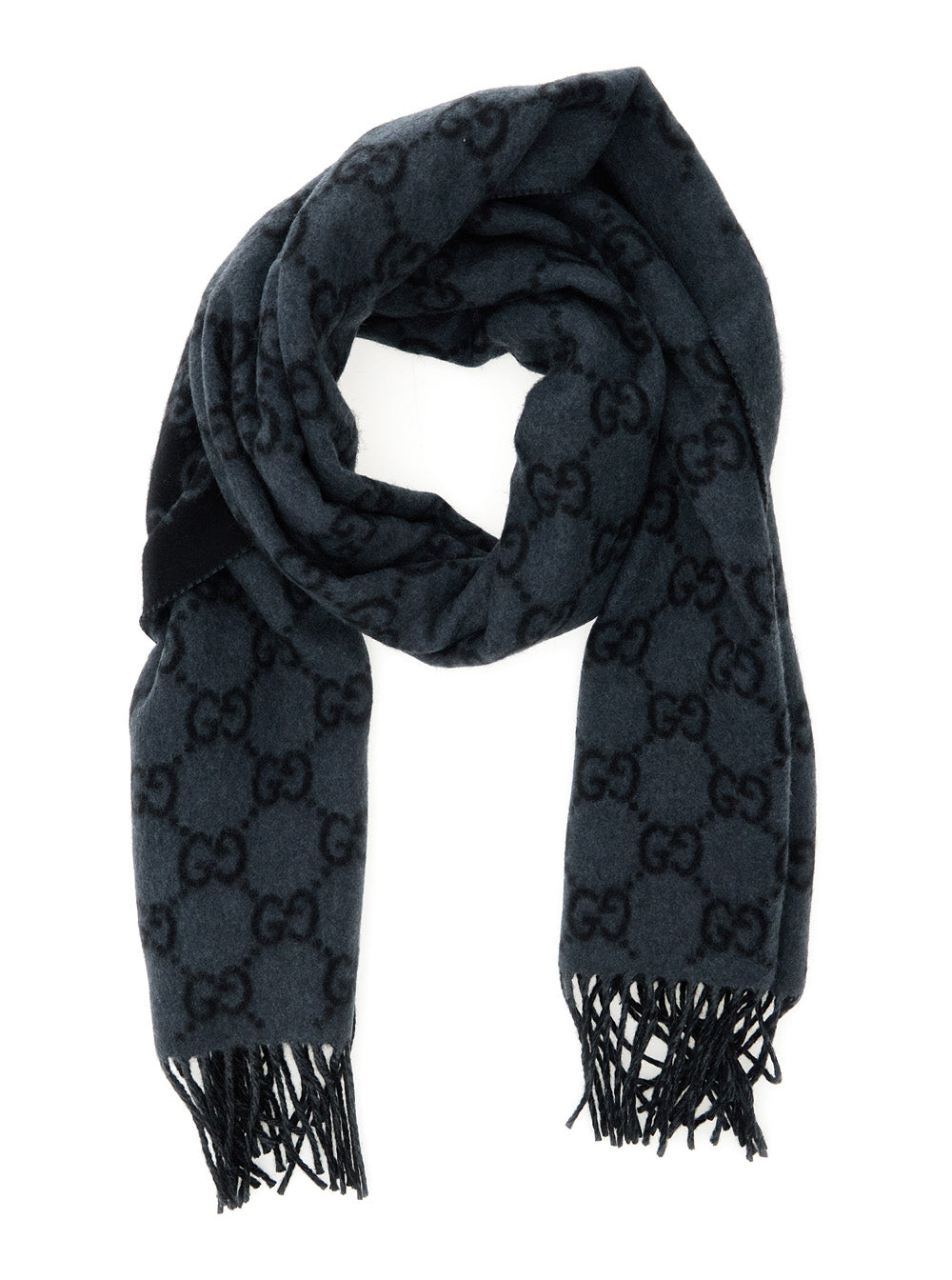 Gucci Men Fringed Edge Scarf With Gg Jacquard Motif In Gray Cashmere For Men GUCCI
