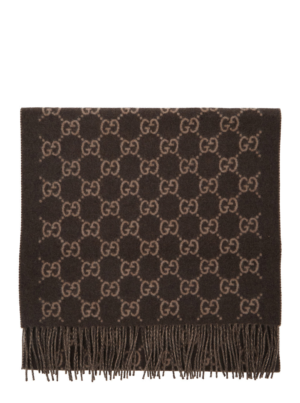 Gucci Men Scarf 'Gg' With All-Over Motif And Fringed Edge In Brown For Men GUCCI