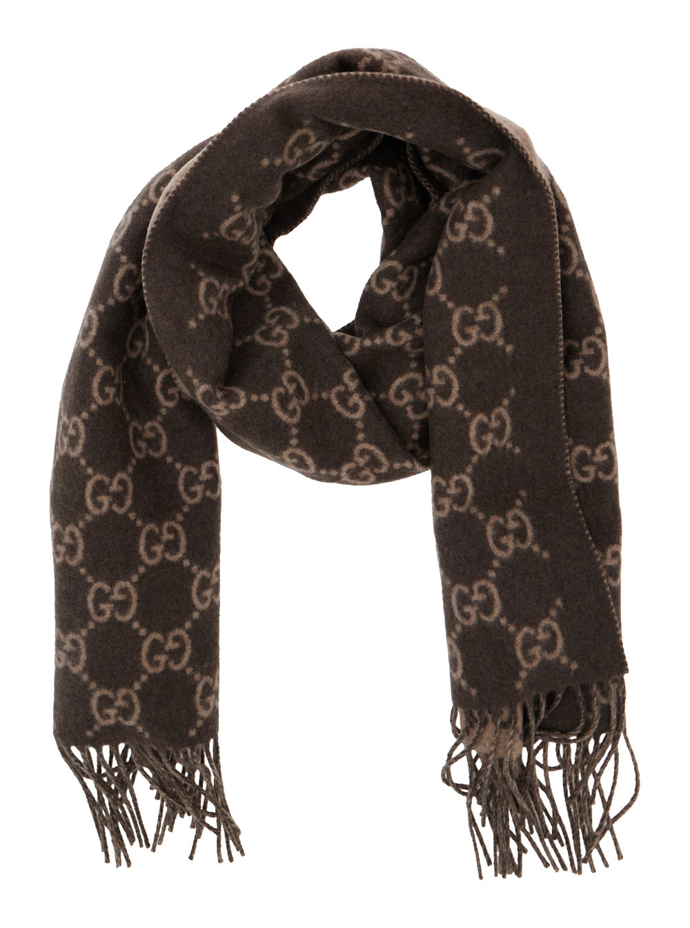 Gucci Men Scarf 'Gg' With All-Over Motif And Fringed Edge In Brown For Men GUCCI