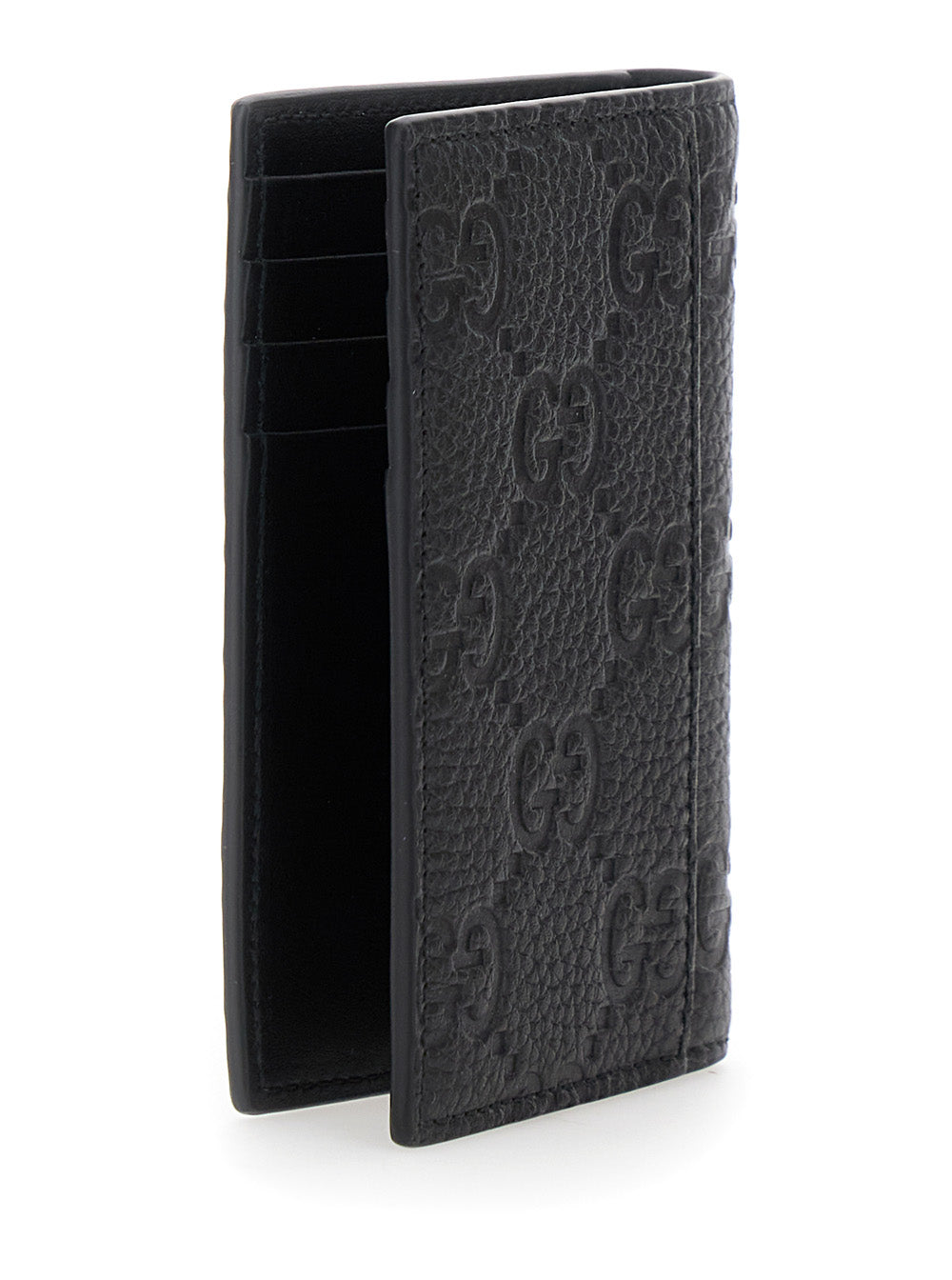Gucci Men Bi-Fold Wallet With Vertical Design In Grained Gg Leather Black Men GUCCI