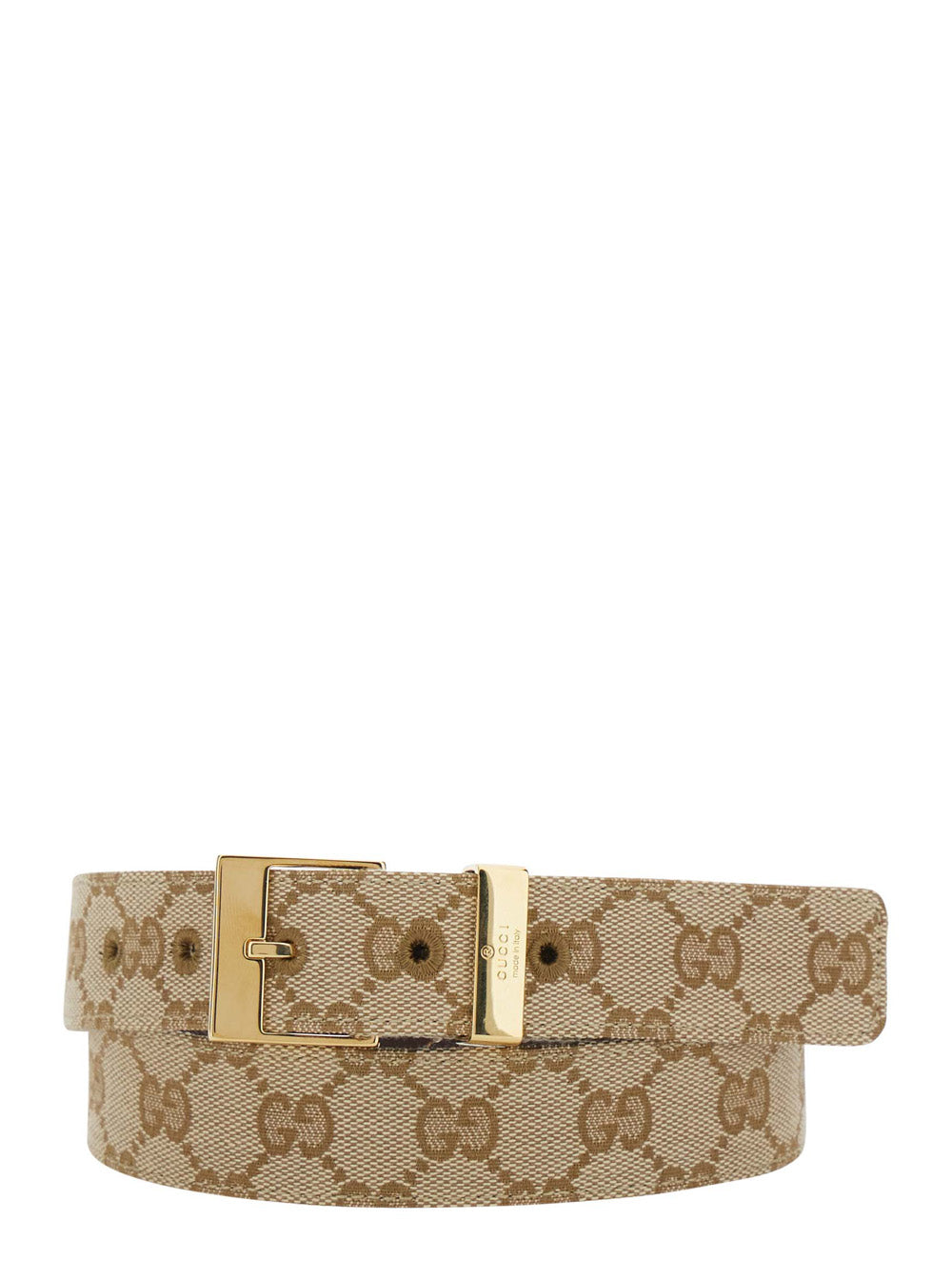 Gucci Women Beige Belt With Square Buckle And Gg Motif All-Over In Fabric For Women