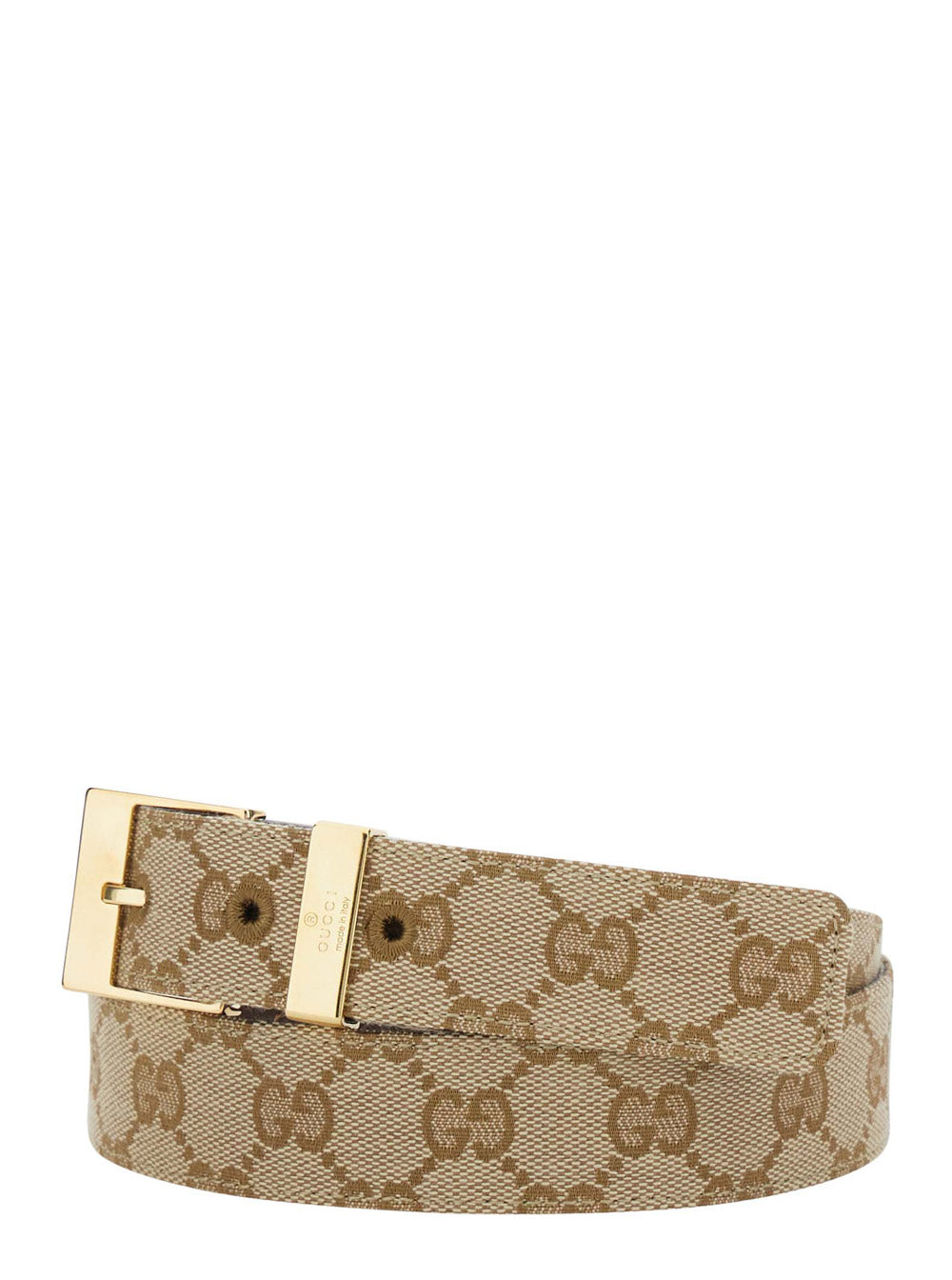 Gucci Women Beige Belt With Square Buckle And Gg Motif All-Over In Fabric For Women