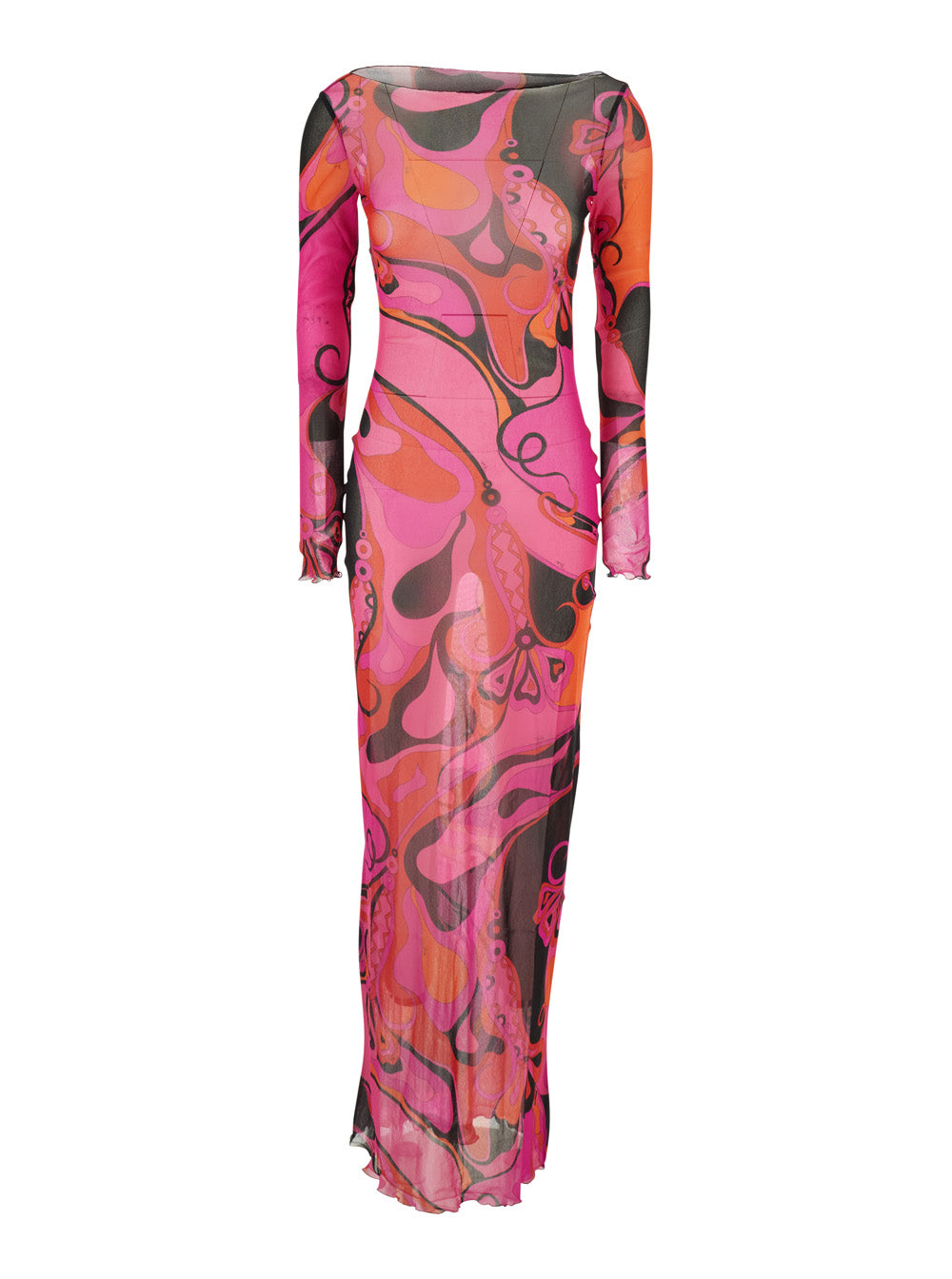 Pucci Women Fuchsia Long Dress With Round Neckline And All-Over Orchidea Print In Tech Fabric For Women PUCCI