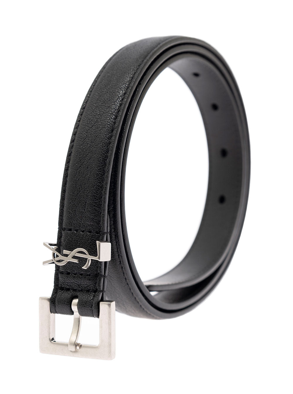 Saint Laurent Men Leather Belt With Silver Metal Buckle Men Ysl SAINT LAURENT