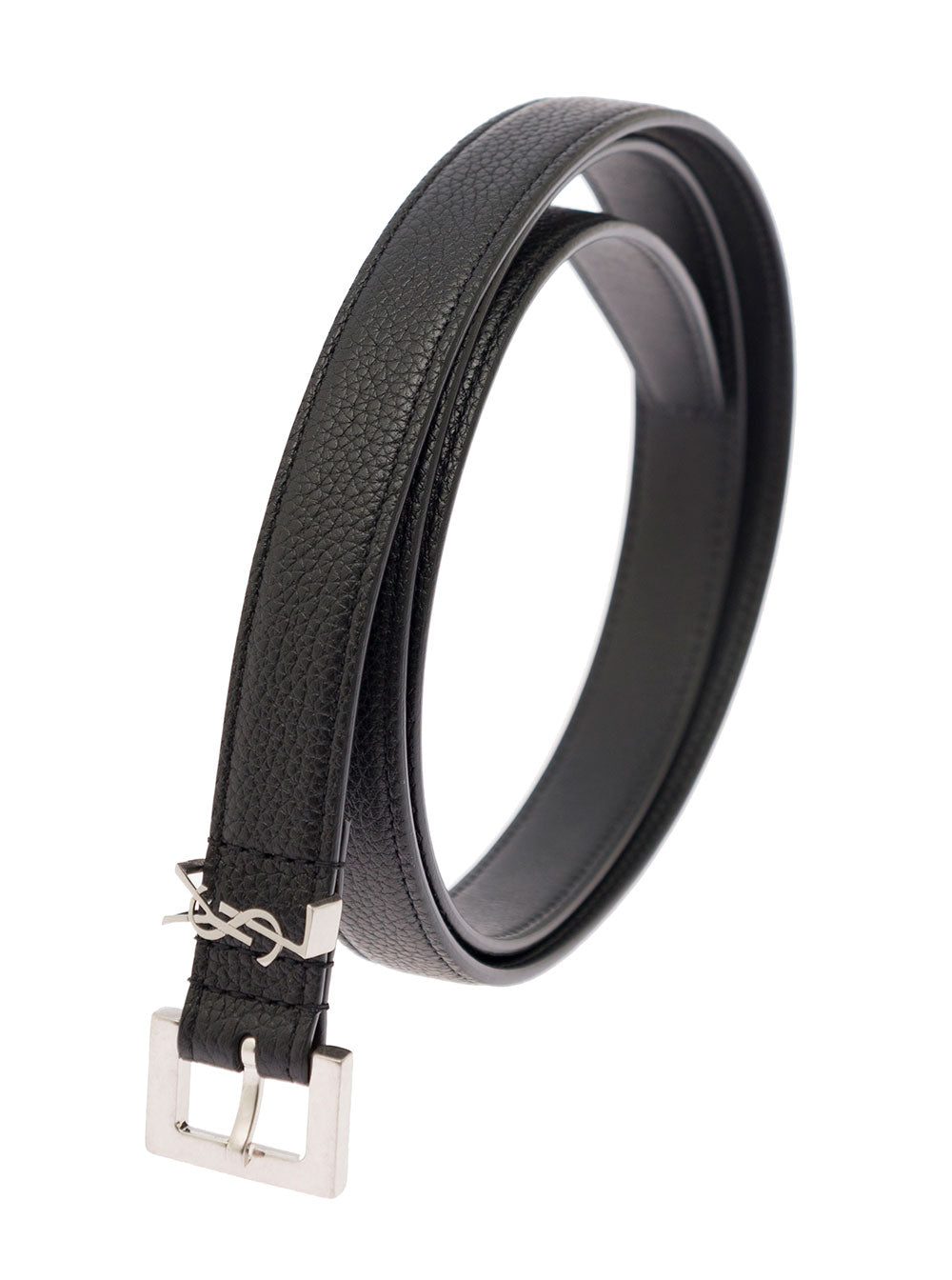 Saint Laurent Men Belt 'Cassandra' In Leather With Black Silver Buckle For Men SAINT LAURENT