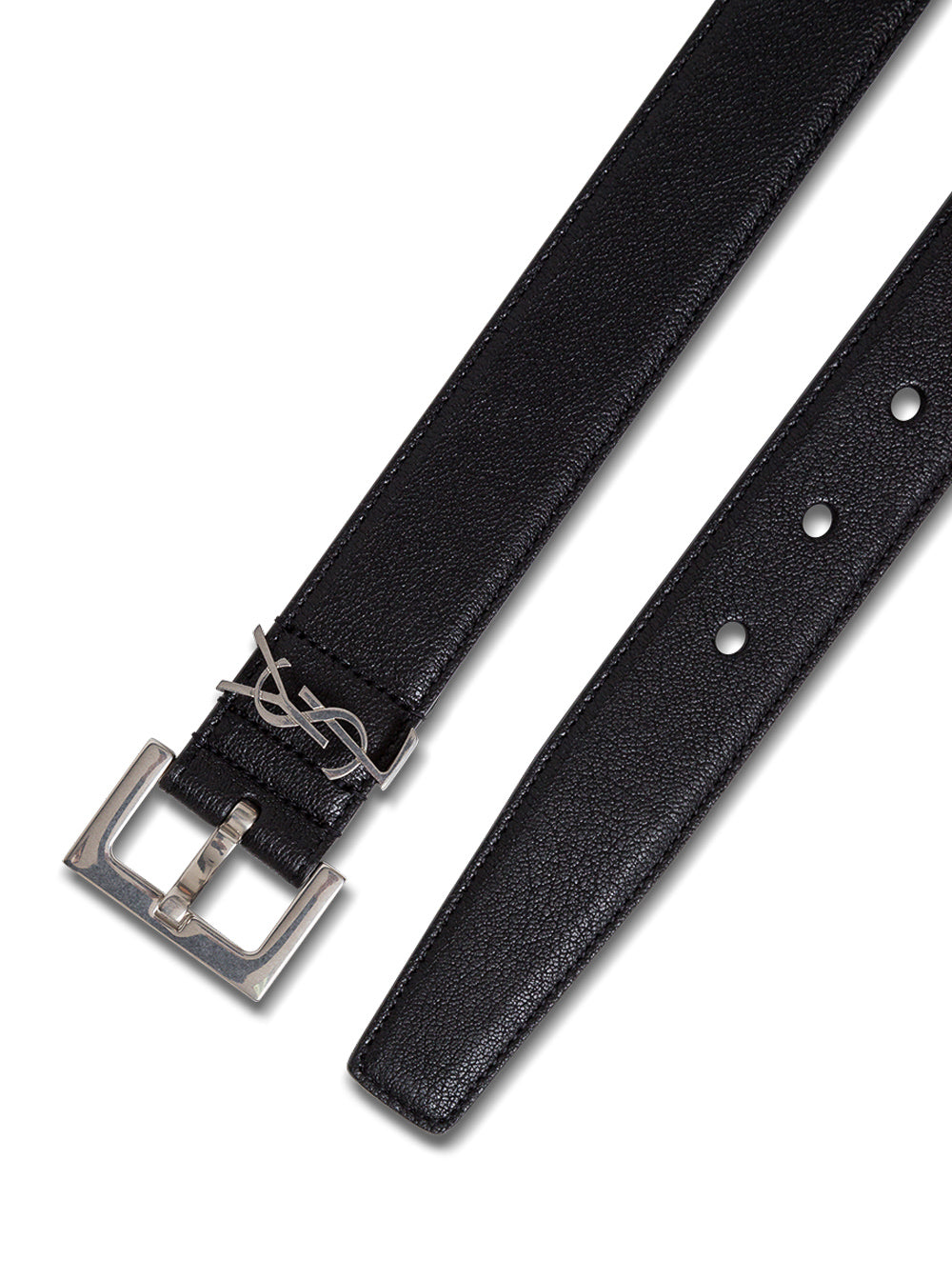 Saint Laurent Men Black 'Ysl' Leather Belt With Silver Buckle For Men SAINT LAURENT