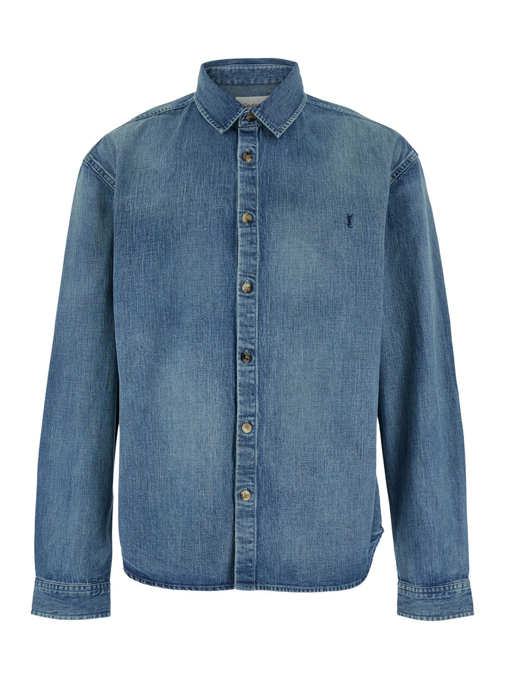 Saint Laurent Men Shirt With Classic Collar And Cassandre Embroidery On The Front In Light Blue Denim For Men SAINT LAURENT