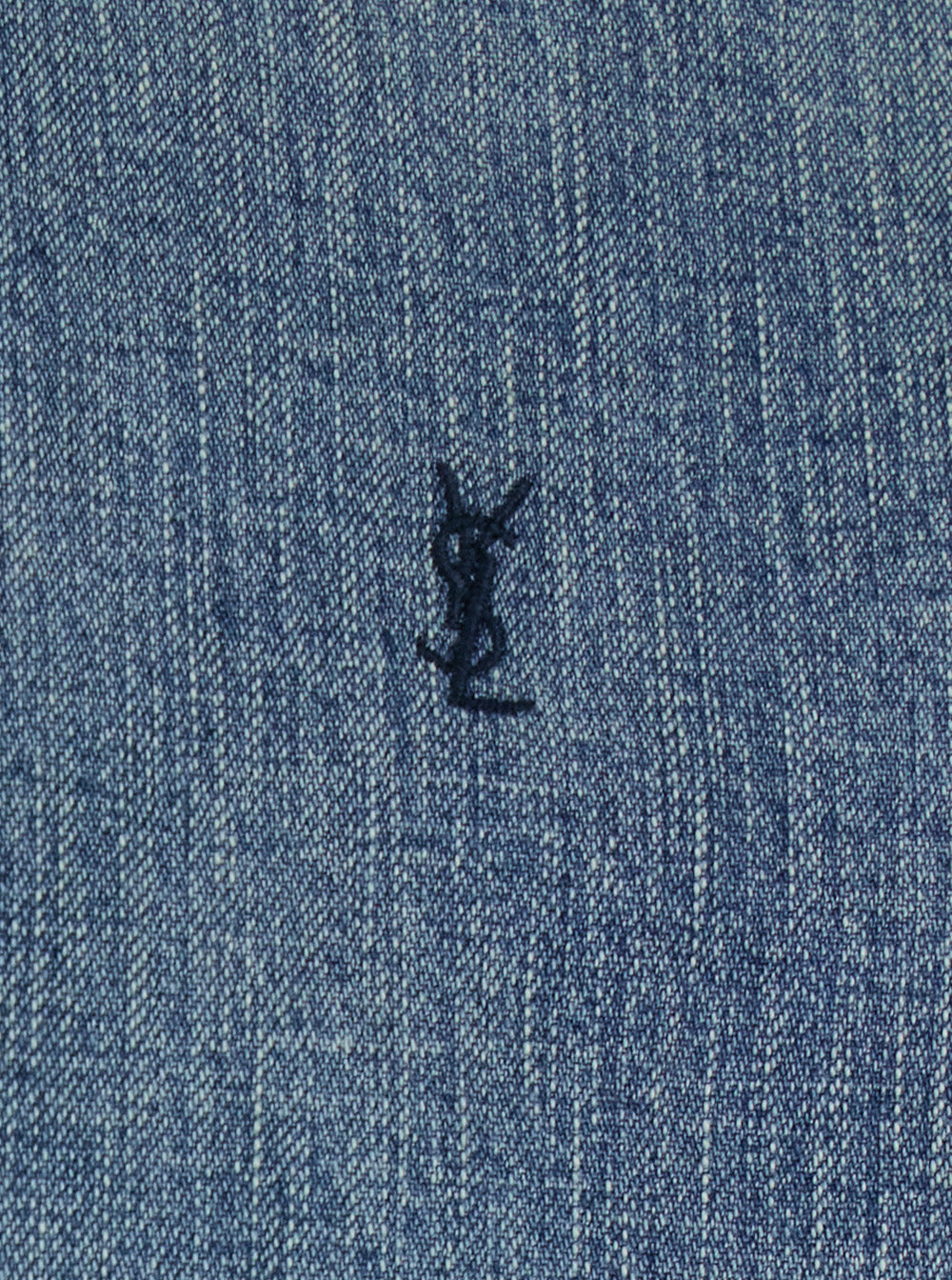 Saint Laurent Men Shirt With Classic Collar And Cassandre Embroidery On The Front In Light Blue Denim For Men SAINT LAURENT