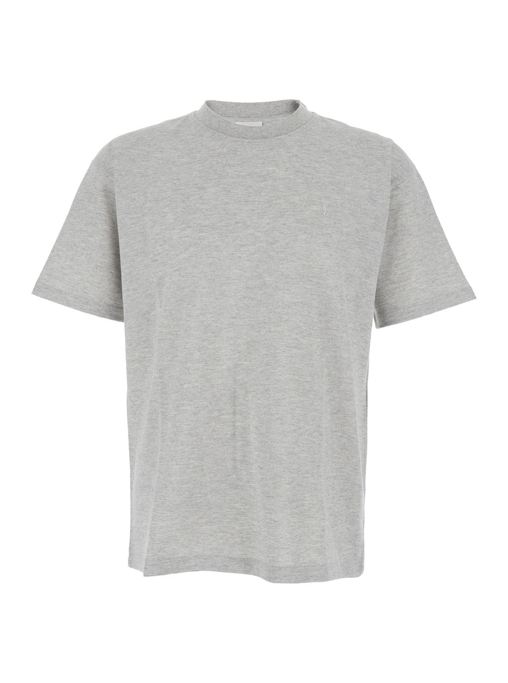 Saint Laurent Men Crew Neck T-Shirt With Cassandre Embroidery In Grey Cotton For Men SAINT LAURENT