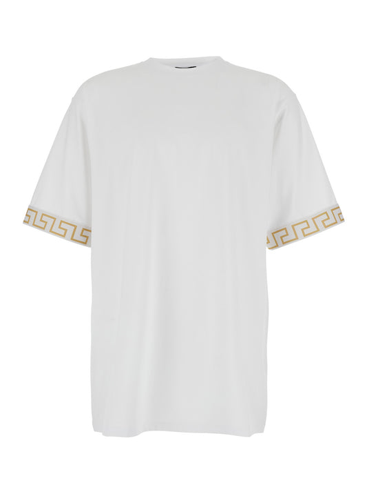 Versace Men Crew Neck T-Shirt With Greca Motif On The Sleeves In Tech Fabric White Men VERSACE