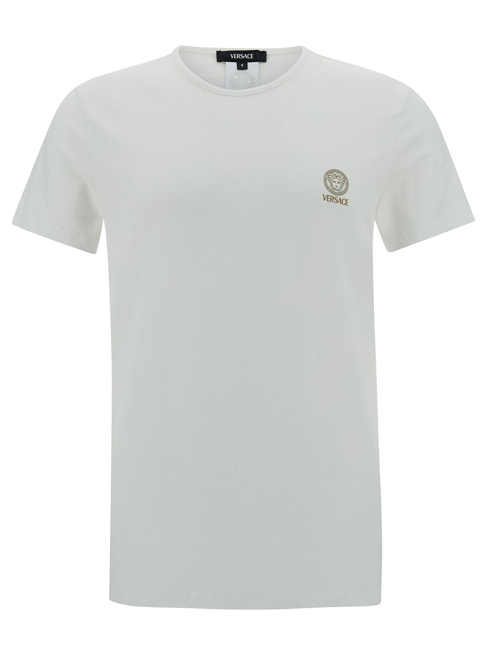 Versace Men Crew Neck T-Shirt With Medusa Print On The Front In White Stretch Cotton For Men VERSACE