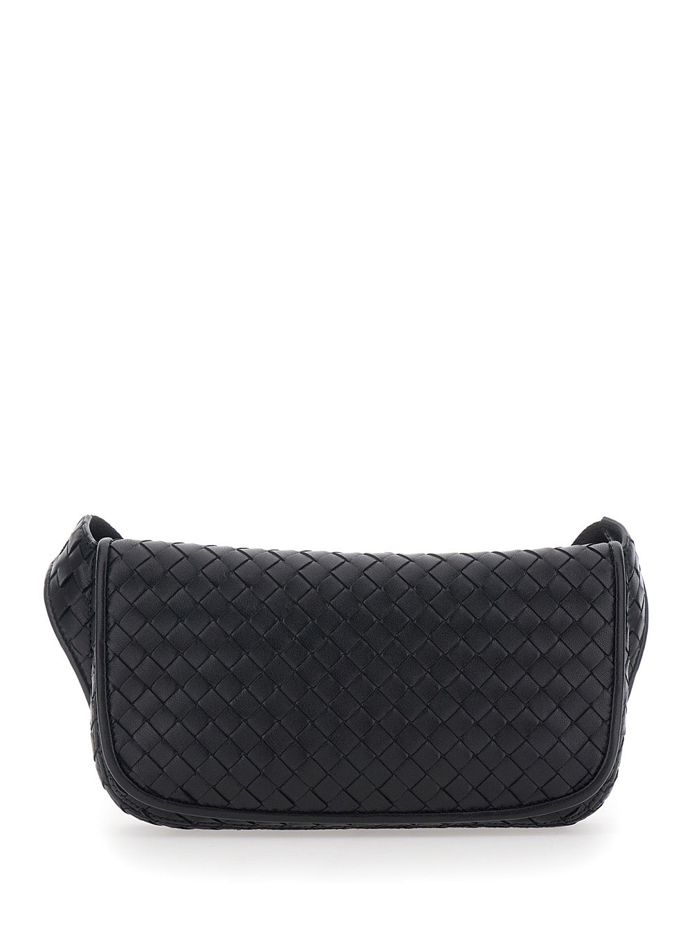 Bottega Veneta Men 'Veneto' Black Crossbody Bag With Intreccio Motif On The Front And Adjustable Shoulder Strap In Leather For Men