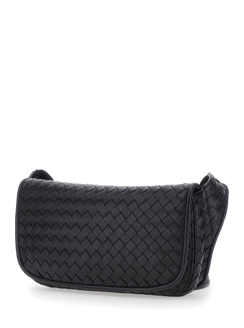 Bottega Veneta Men 'Veneto' Black Crossbody Bag With Intreccio Motif On The Front And Adjustable Shoulder Strap In Leather For Men