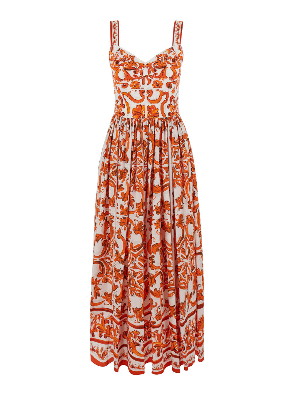 Dolce & Gabbana Women Orange Long Dress With Bodice With Built-In Cups And All-Over Maiolica Print In Cotton Woman