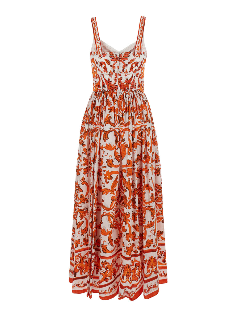 Dolce & Gabbana Women Orange Long Dress With Bodice With Built-In Cups And All-Over Maiolica Print In Cotton Woman