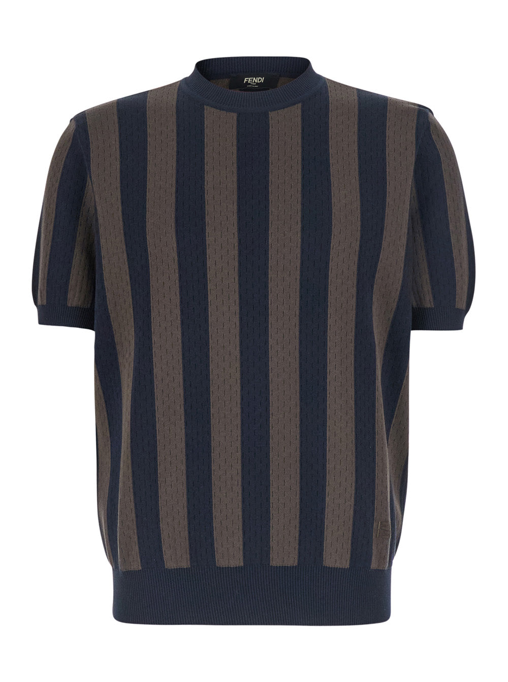 Fendi Men Blue Crew Neck T-Shirt With All-Over Striped Motif In Cotton And Silk For Men