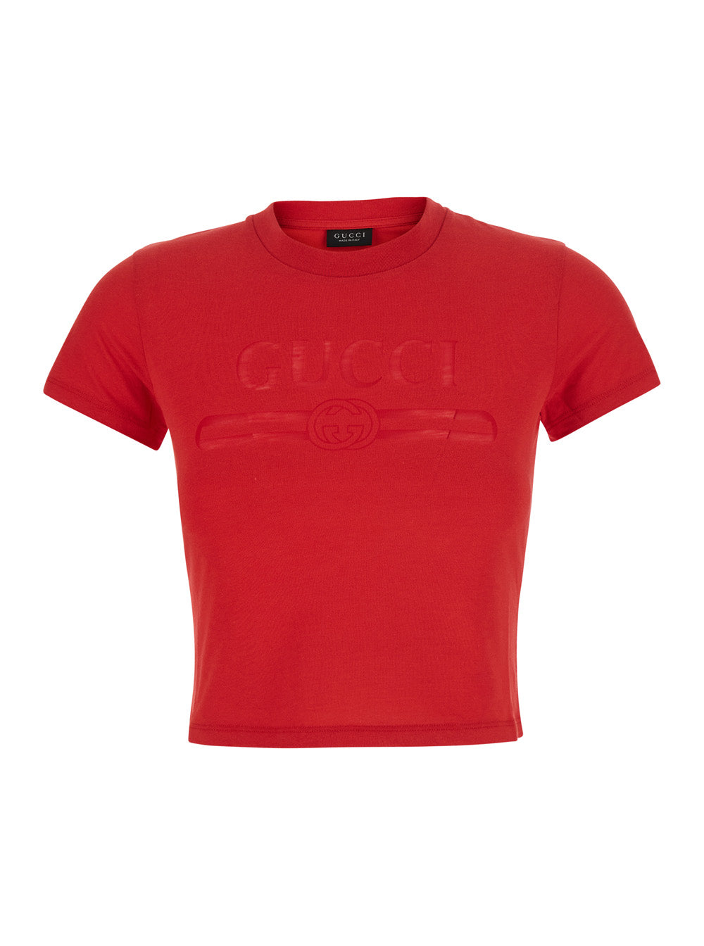 Gucci Women Red Cropped T-Shirt With Tone-On-Tone Logo On The Front And Dropped Shoulders In Cotton For Women