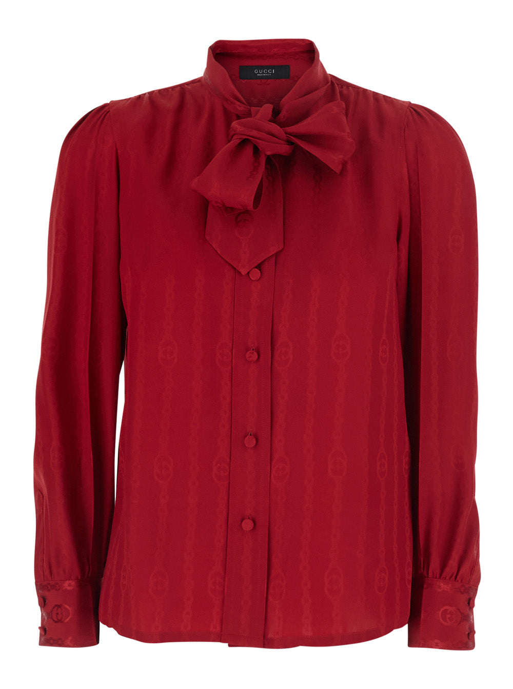 Gucci Women Red Shirt With Bow On The Front And Gg Chain Motif All-Over In Silk For Women