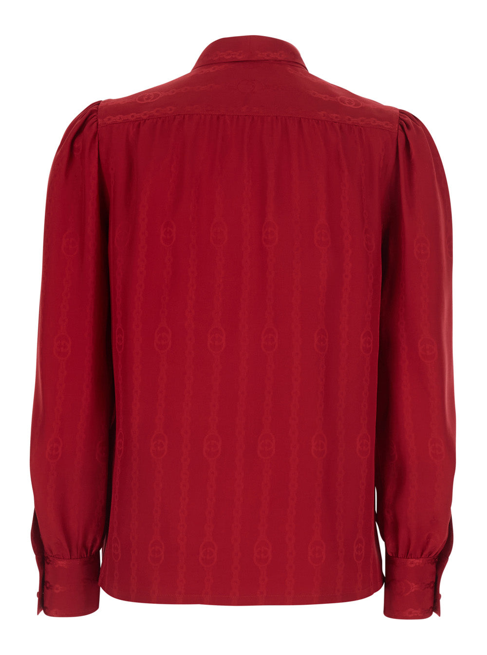 Gucci Women Red Shirt With Bow On The Front And Gg Chain Motif All-Over In Silk For Women