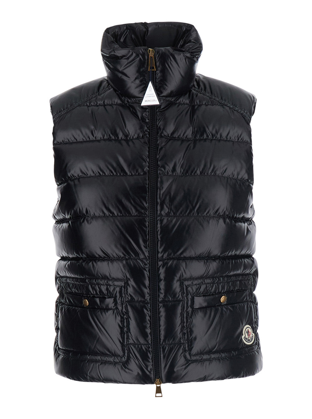 Moncler Women 'Frelon' Black Vest With Logo Patch On The Front And Logo Plate On Zipper In Tech Fabric For Women