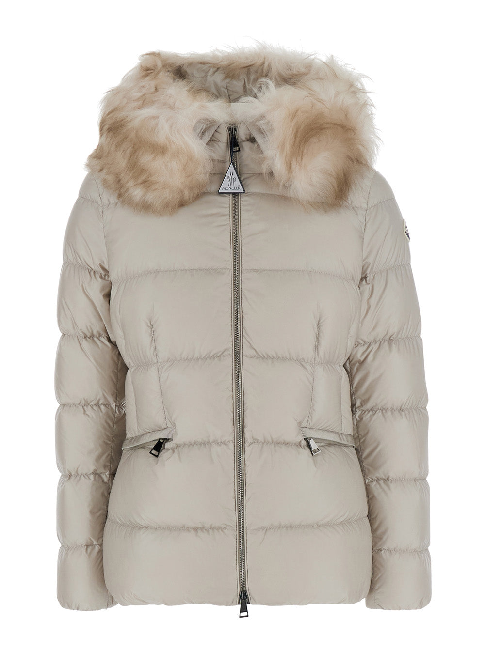 Moncler Women 'Boed' White Down Jacket With Fur Hood And Logo Patch On The Sleeve In Tech Fabric For Women