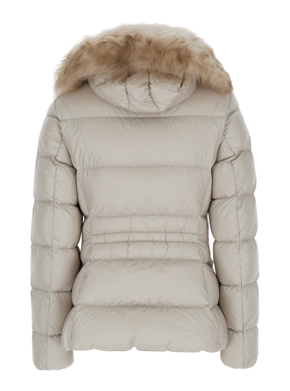 Moncler Women 'Boed' White Down Jacket With Fur Hood And Logo Patch On The Sleeve In Tech Fabric For Women