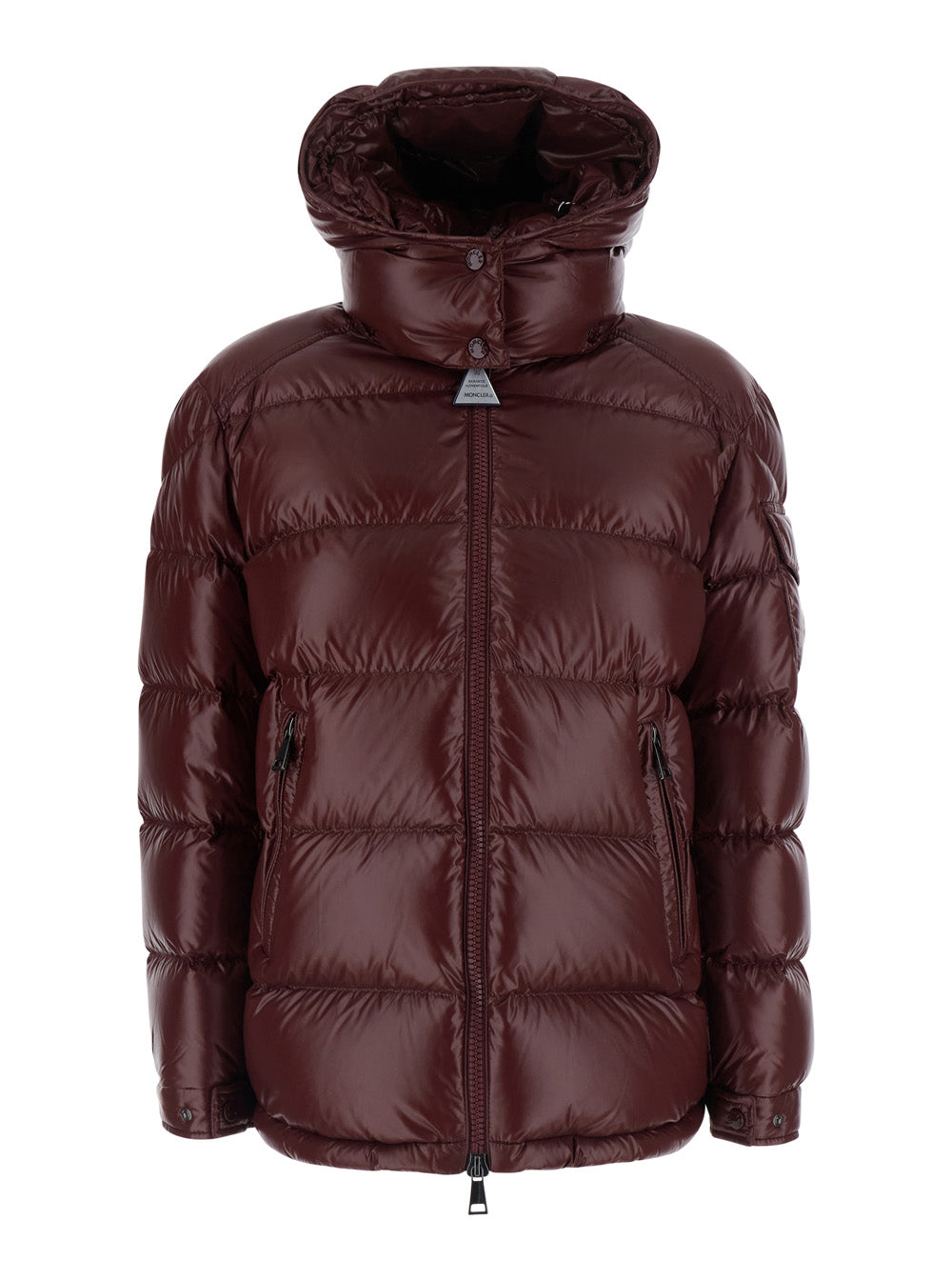 Moncler Women 'Maire' Red Down Jacket With Hood And Applied Pocket On Sleeve With Logo Patch In Tech Fabric For Women