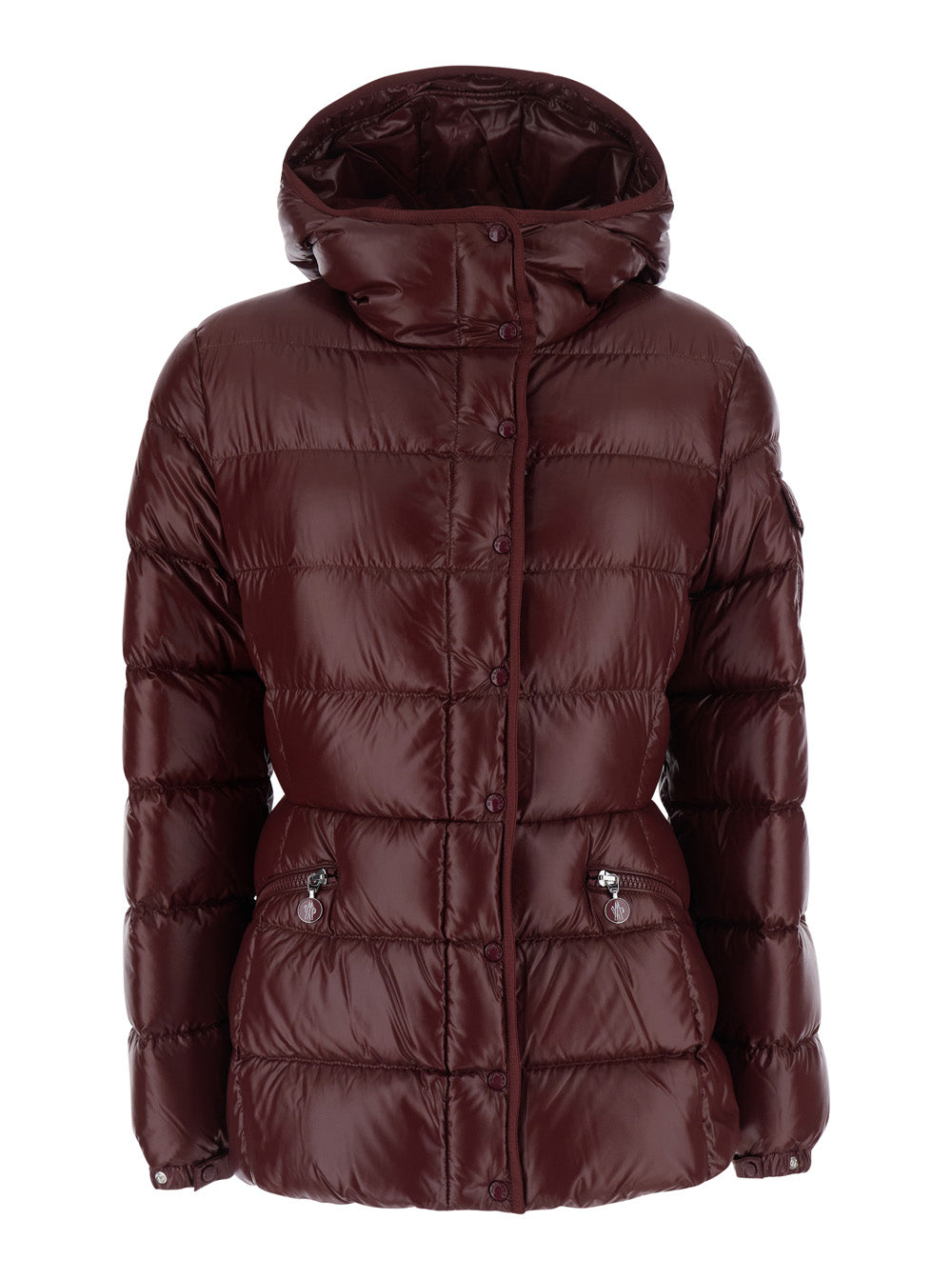 Moncler Women 'Barante' Red Down Jacket With Hood And Applied Pocket On Sleeve With Logo Patch In Tech Fabric For Women