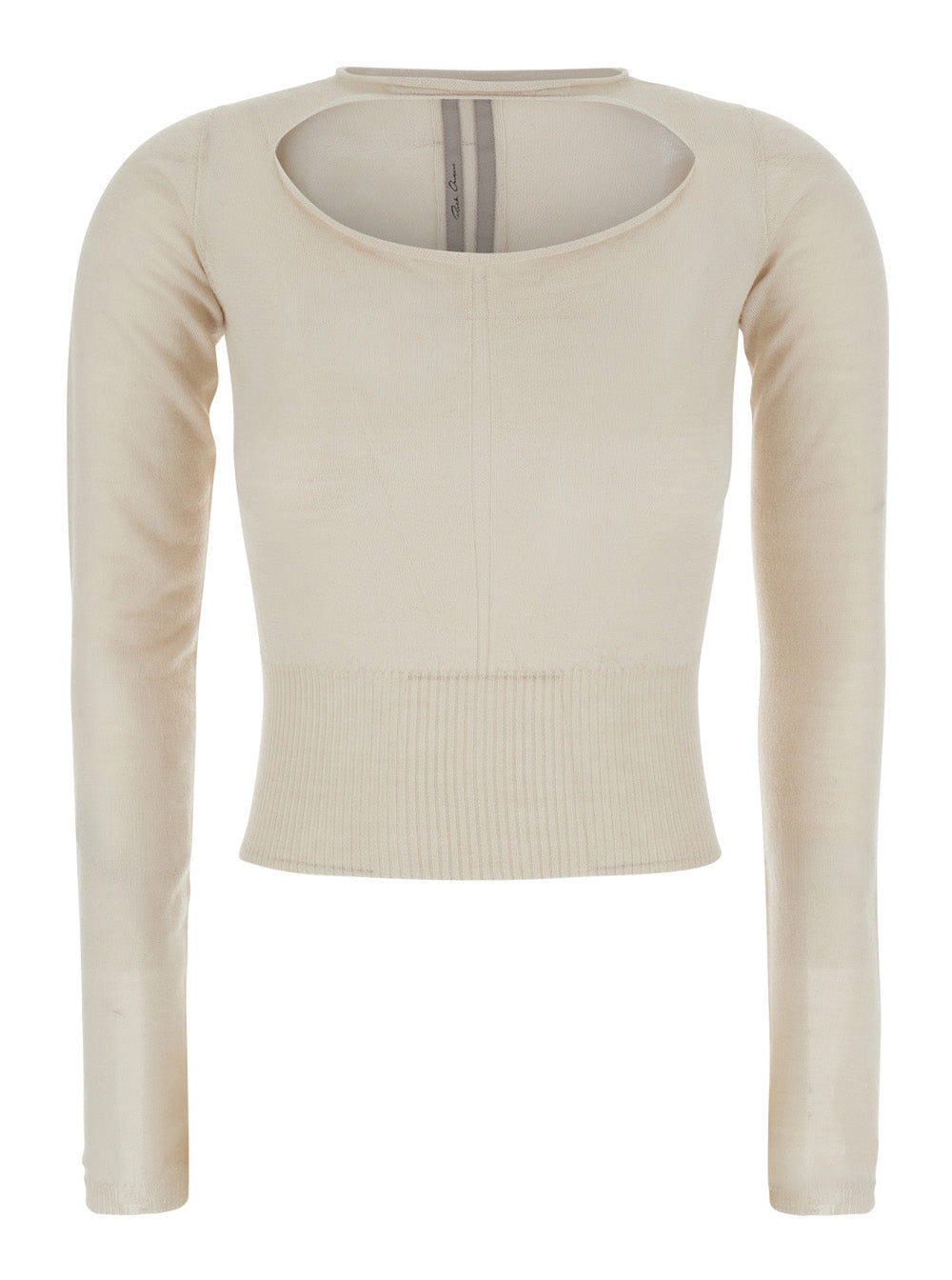 Rick Owens Women Beige Cropped Sweater With Front Cut-Out And Ribbed Trims In Cashmere For Women