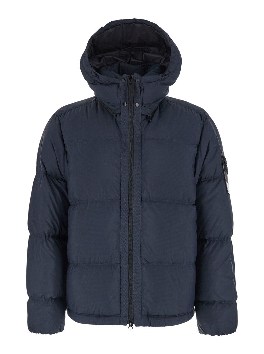 Stone Island Men Blue Down Jacket With Removable Hood And Logo Patch On The Sleeve In Tech Fabric For Men