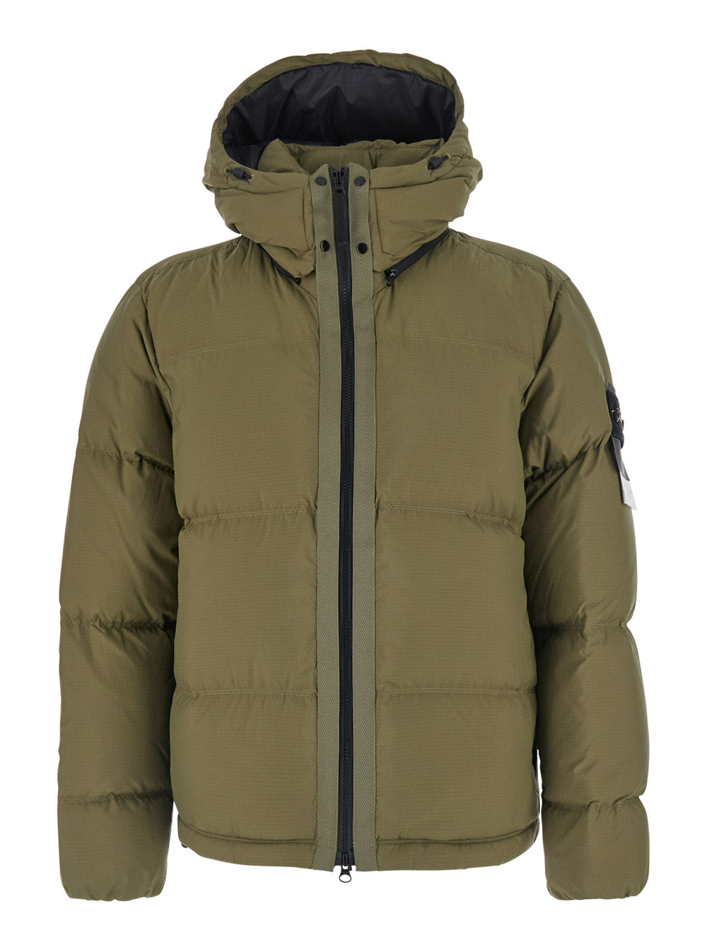 Stone Island Men Green Down Jacket With Removable Hood And Logo Patch On The Sleeve In Tech Fabric For Men