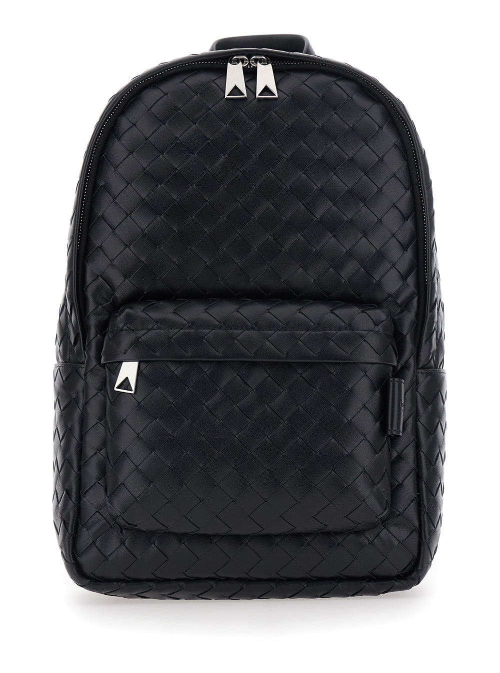 Bottega Veneta Women Black Small Backpack With Zip Pocket On The Front And Intreccio Motif In Leather For Women