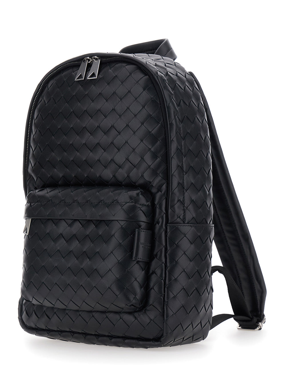 Bottega Veneta Women Black Small Backpack With Zip Pocket On The Front And Intreccio Motif In Leather For Women
