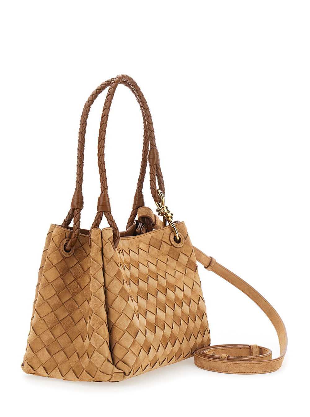 Bottega Veneta Women Brown Shoulder Bag With Adjustable And Removable Strap And Intreccio Motif In Suede For Women
