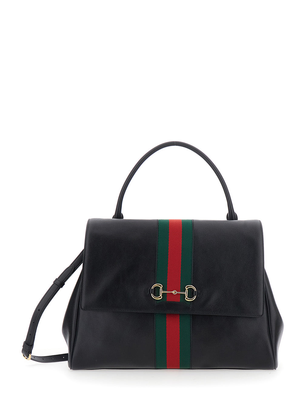 Gucci Women 'Paparazzo' Black Large Handbag With Horsebit And Web Stripe On The Front In Leather For Women GUCCI