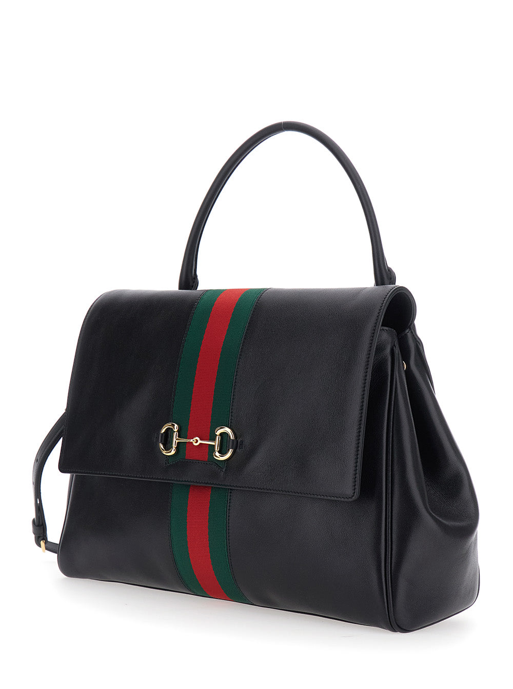 Gucci Women 'Paparazzo' Black Large Handbag With Horsebit And Web Stripe On The Front In Leather For Women GUCCI