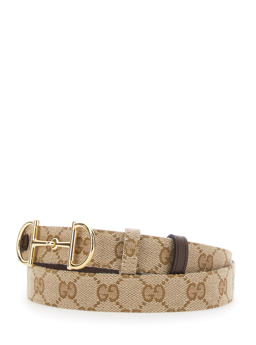 Gucci Women Brown Reversible Belt With Horsebit  Buckle In Leather And Gg Canvas For Women