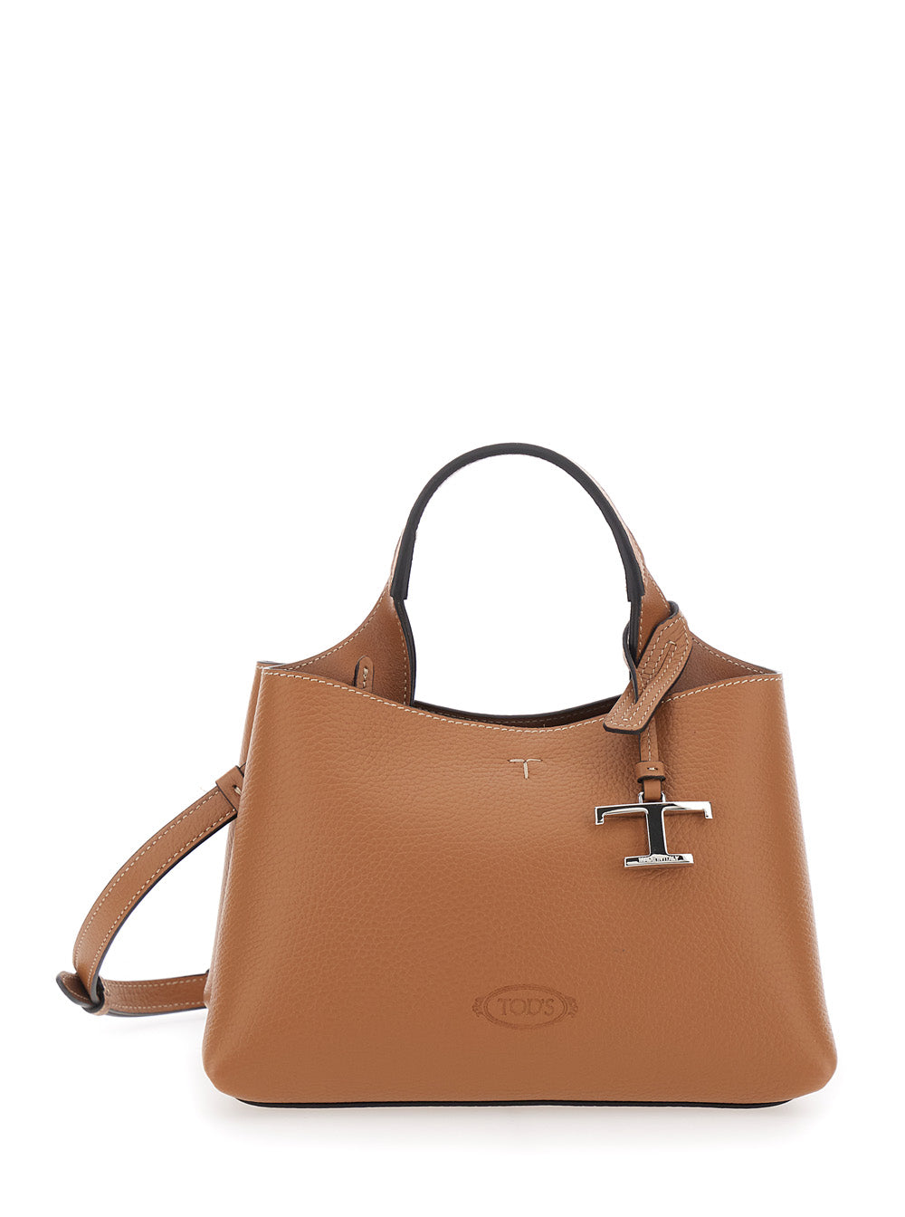 Tod's Women Brown Handbag With Adjustable And Removable Shoulder Strap And T Plaque Pendant On The Front In Grained Leather For Women