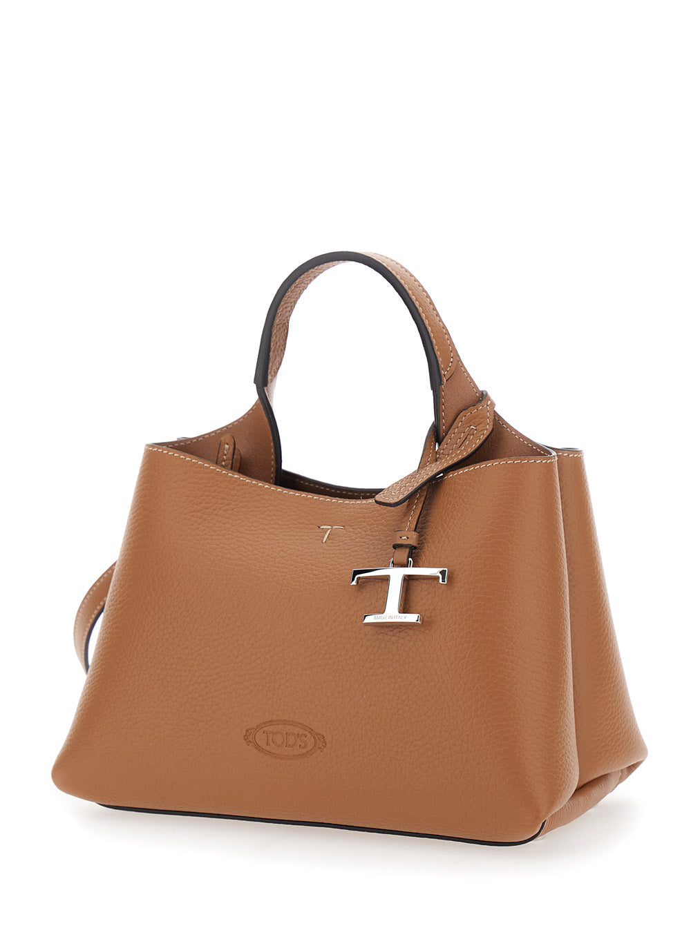 Tod's Women Brown Handbag With Adjustable And Removable Shoulder Strap And T Plaque Pendant On The Front In Grained Leather For Women