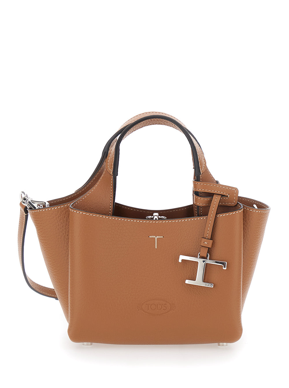 Tod's Women Brown Handbag With Adjustable And Removable Shoulder Strap And T Plaque Pendant On The Front In Grained Leather For Women