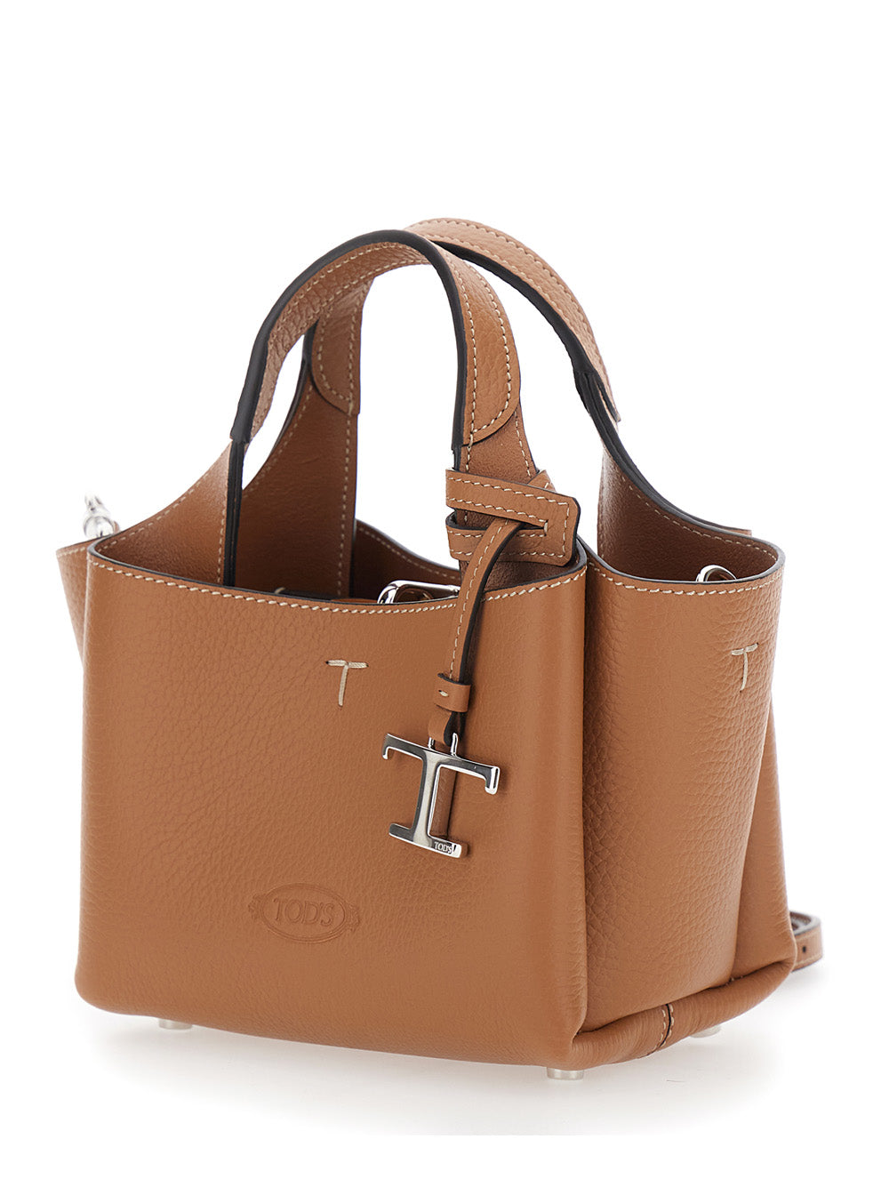 Tod's Women Brown Handbag With Adjustable And Removable Shoulder Strap And T Plaque Pendant On The Front In Grained Leather For Women