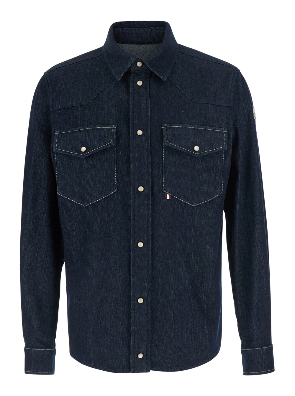 Moncler Men Blue Shirt With Classic Collar And Two Patch Pockets On The Front In Denim For Men