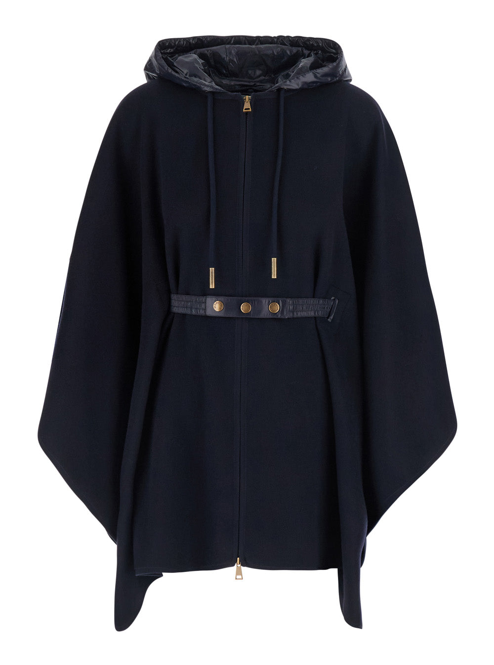 Moncler Women Blue Cape With Removable Hood And Front Belt In Tech Fabric For Women